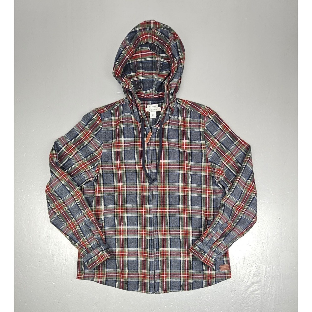LL BEAN Hoodie Womens Med Scotch Plaid Flannel Shirt Relaxed Full-Zip Gorpcore